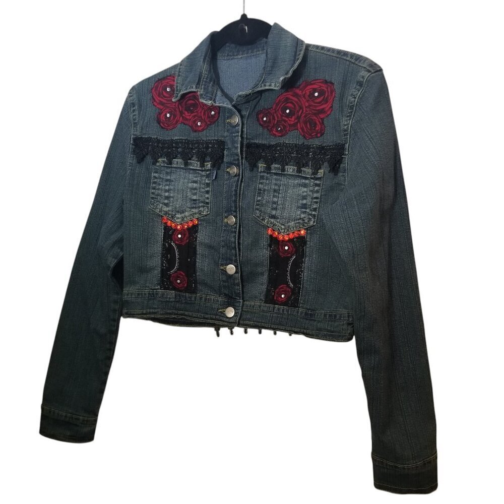 Women's Y2k 90s Lace Embroidered Cropped Jean Jacket Sz S - Picture 2 of 5